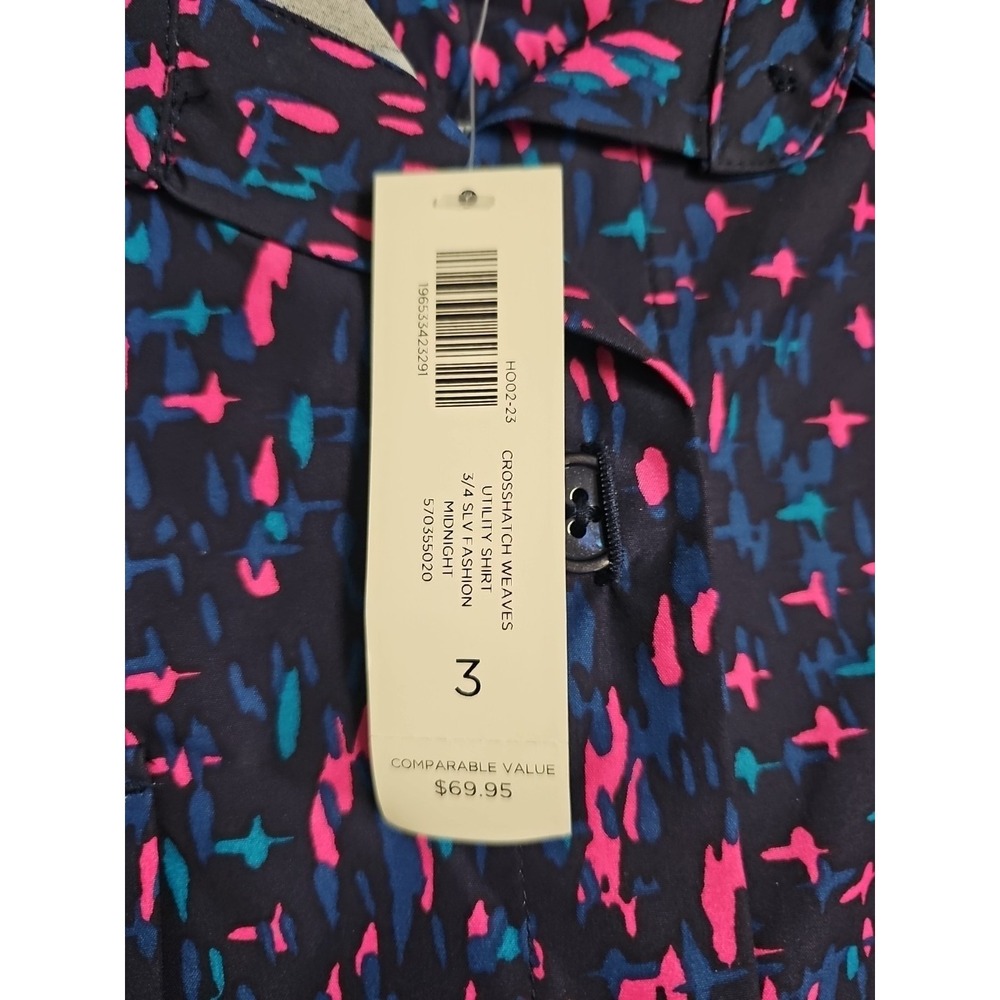 NEW Chicos Sz XL 3 Blue Pink 3/4 Sleeve Summer Button Up Shirt Top Art To Wear - Picture 2 of 9